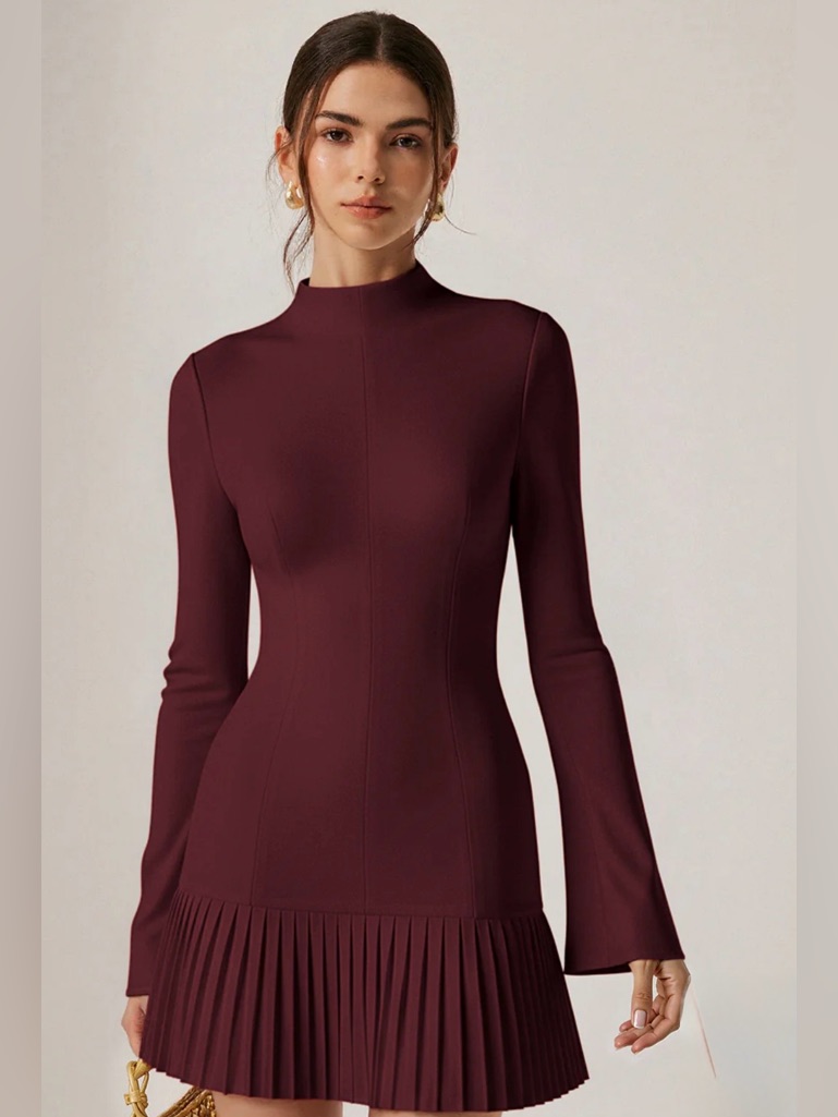 Commense Pleated Hem Mock Neck Mini Dress Nwt
